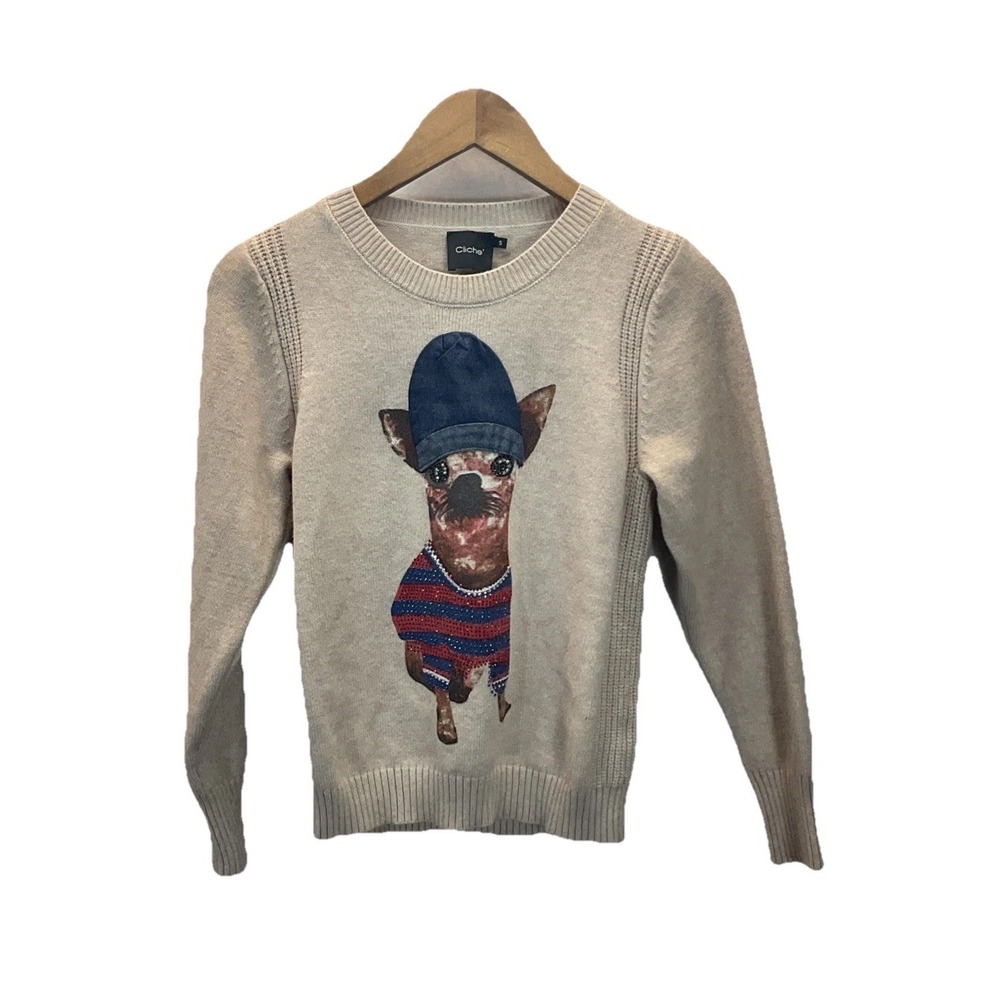 Cliche'  Chihuahua Sweater‎ Sparkle Novelty Soft Wool Blend Crew Neck Beige Sz S